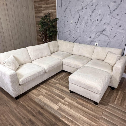 Beige Corduroy Sectional with Ottoman