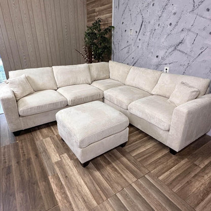 Beige Corduroy Sectional with Ottoman