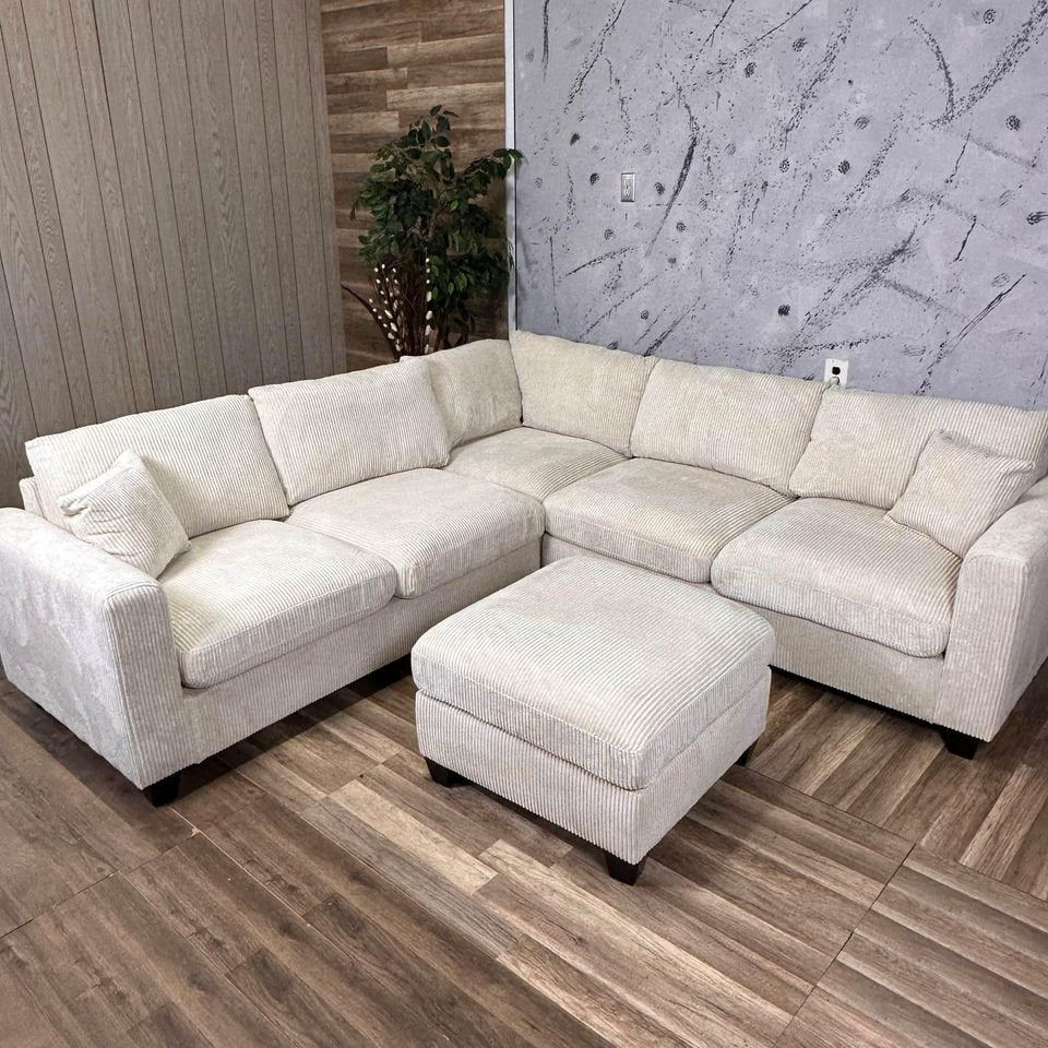 Beige Corduroy Sectional with Ottoman