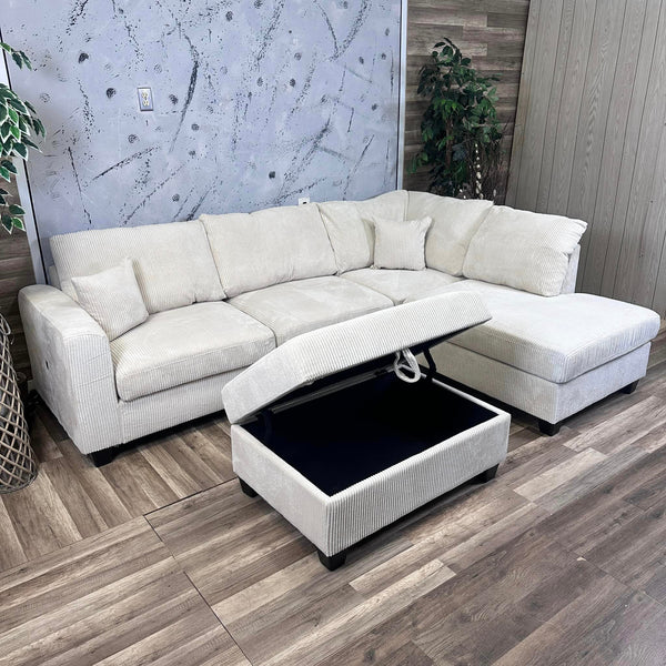 Beige Corduroy Sectional With Storage Ottoman & USB Port