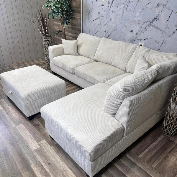 Beige Corduroy Sectional With Storage Ottoman & USB Port