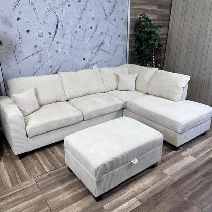 Beige Corduroy Sectional With Storage Ottoman & USB Port