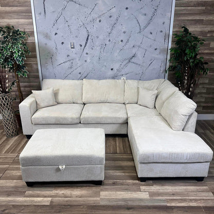 Beige Corduroy Sectional With Storage Ottoman & USB Port