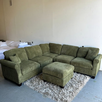 Green Corduroy Sectional with Ottoman