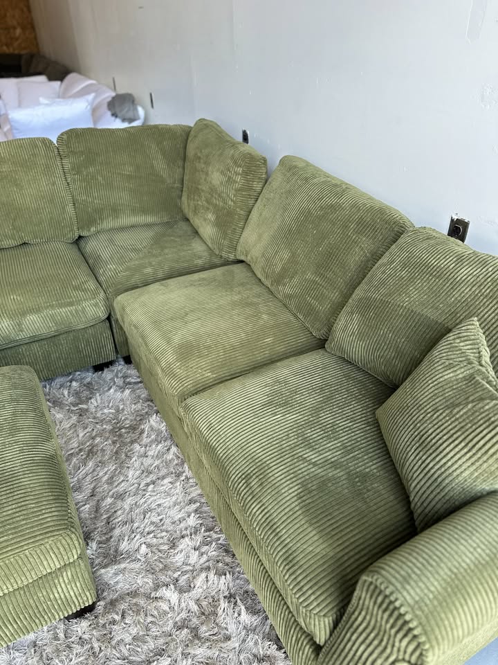 Green Corduroy Sectional with Ottoman