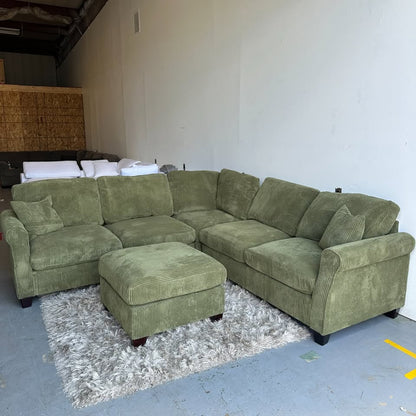 Green Corduroy Sectional with Ottoman