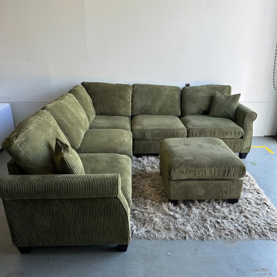 Green Corduroy Sectional with Ottoman