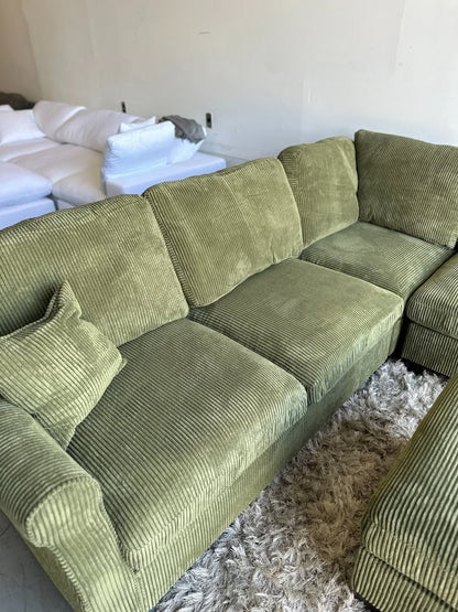 Green Corduroy Sectional with Ottoman