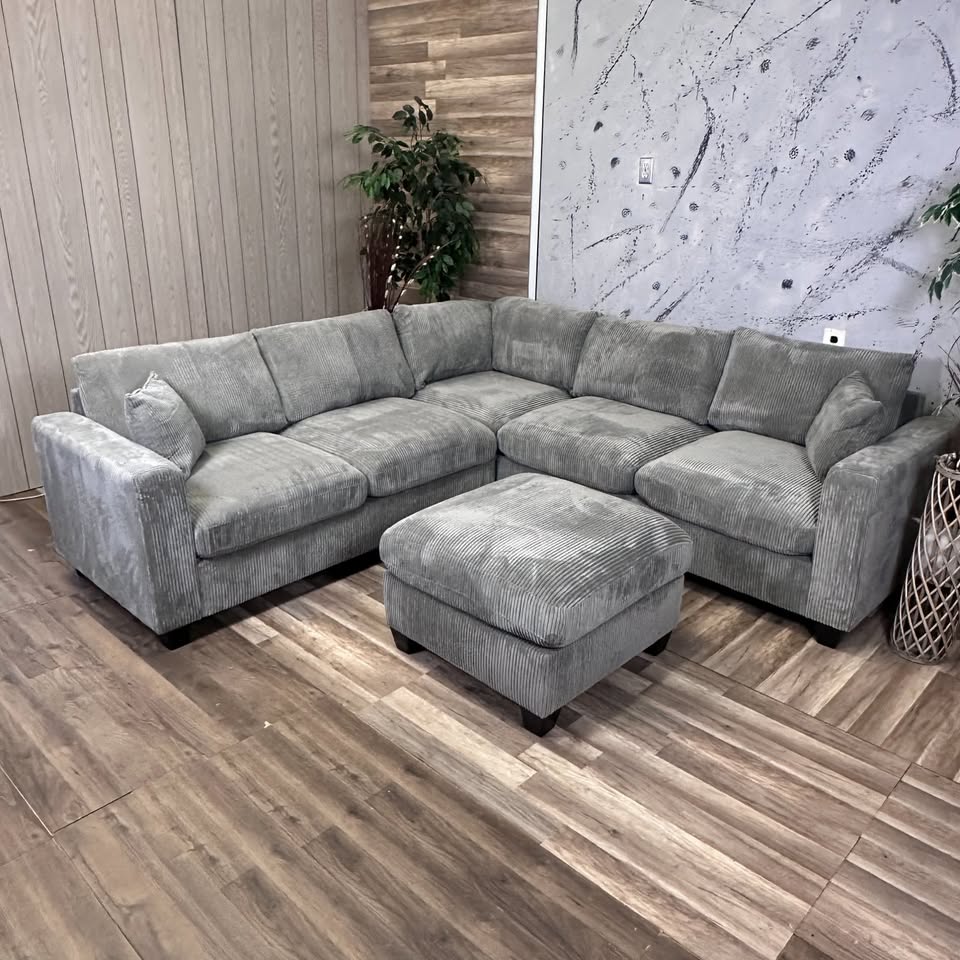 Grey Corduroy Sectional with Ottoman